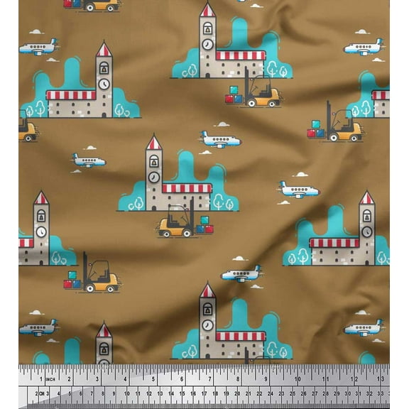 Soimoi Brown Cotton Duck Fabric Clock Tower,Airplane & Forklift Truck Transport Print Fabric by Yard 42 Inch Wide