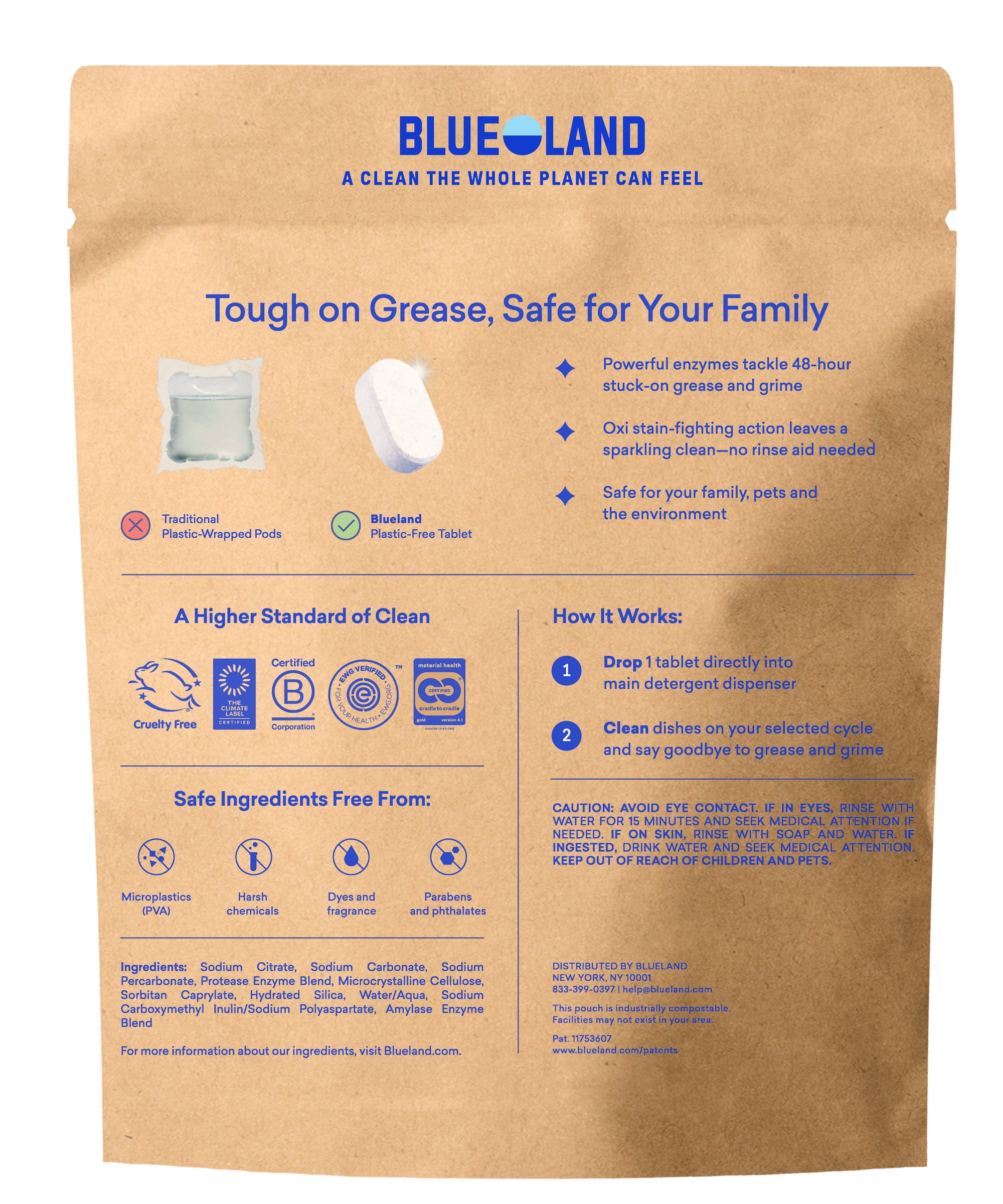 BLUELAND 100% Plastic-Free Dishwasher Detergent Tablets, 60 Count, Free & Clear, Eco-Friendly Dishwashing Pods, Natural, USDA Certified biobased