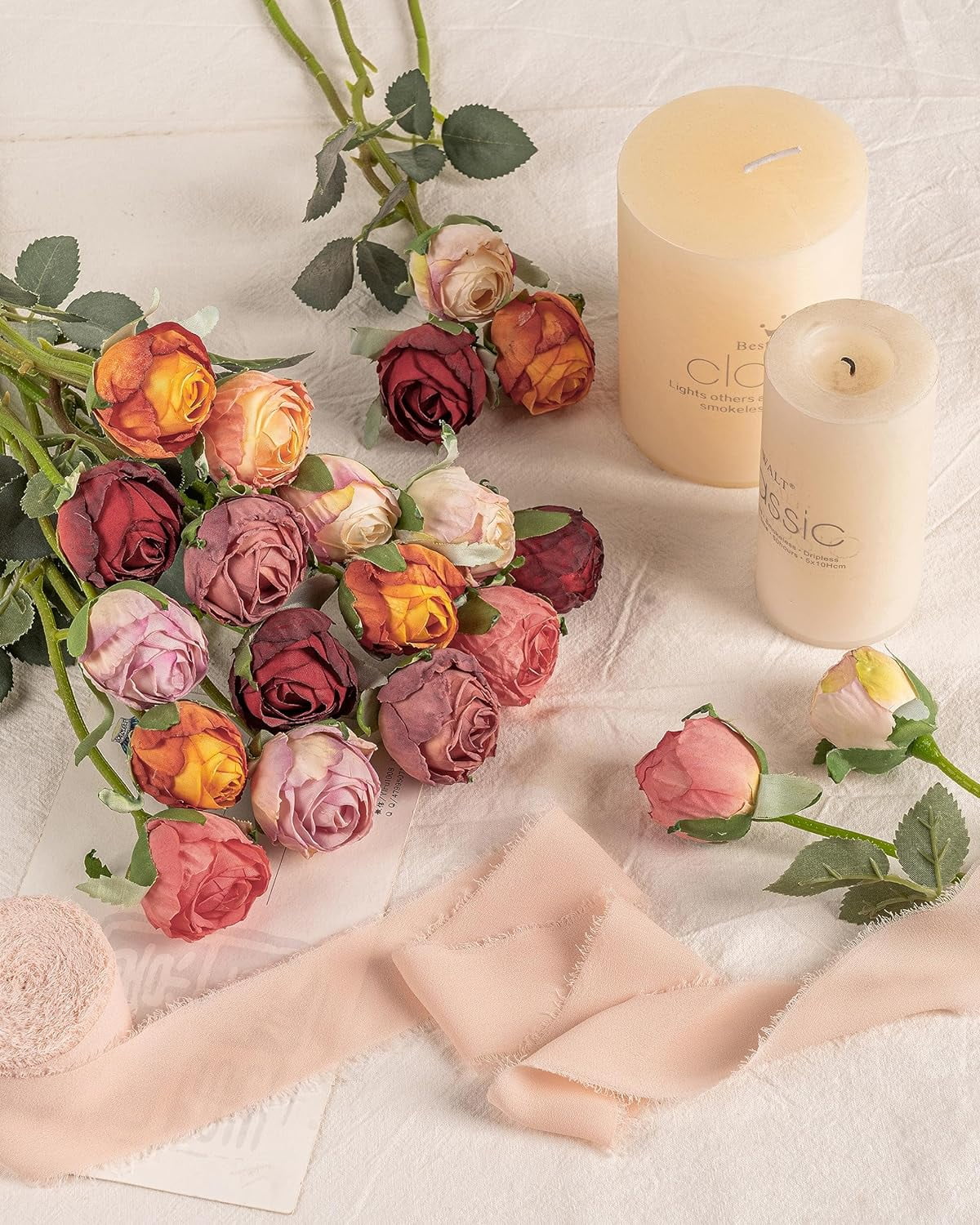 24pcs Artificial Vintage Roses Fake Silk Rose Flowers with Long Stem for DIY Bouquets Wedding Centerpiece Party Home Kitchen Decoration(Cream Pink)
