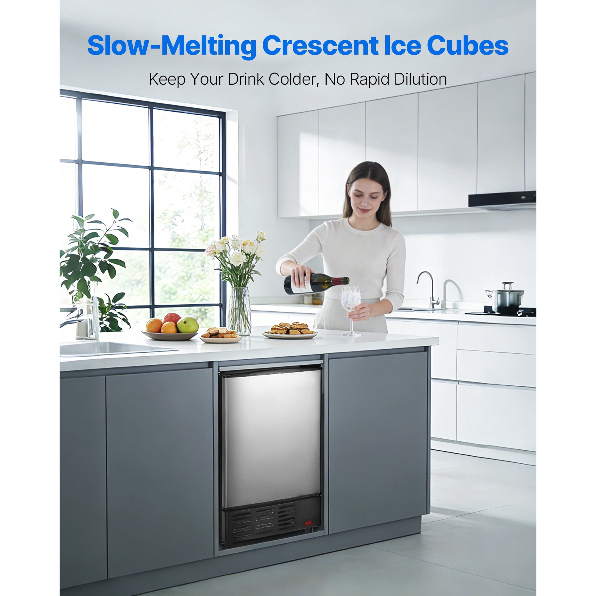 KFFKFF 15" W Under Counter Ice Maker, 15 lbs/Day Crescent Ice Machine with 11 lbs Storage Bin & Reversible Door, Freestanding Ice Maker for Home or Commercial Kitchens - No Drain Needed
