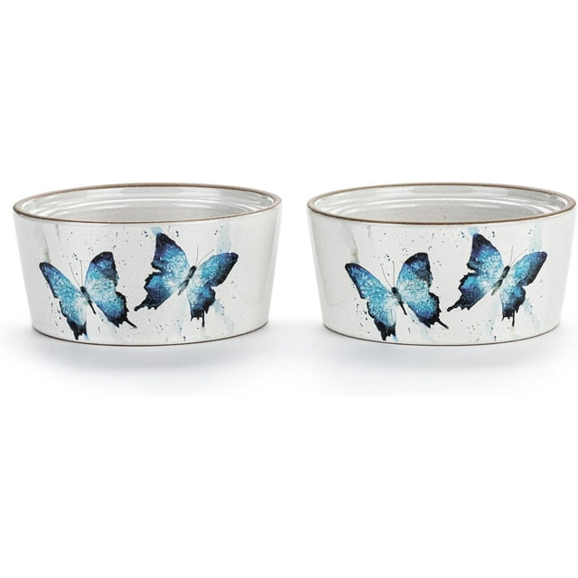 DEMDACO Butterfly Collection Watercolor Style Vibrant Cooking Baking Blue and White 8 Ounce Stoneware Ramekins, Set of 2