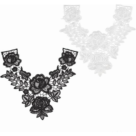 2Pcs Lace Neckline Collar Patches Black & White Rose Lace Applique Patches Vintage Floral Lace Fabric Trim Embroidery Applique for Sewing Crafts Wedding Dress Clothes Accessory