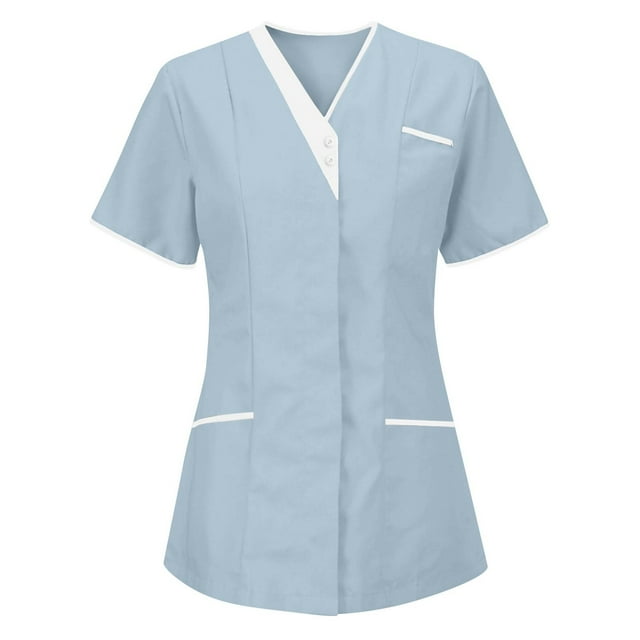Ktyne Blouses Médicales pour Femmes Col en V Manches Courtes Extensibles Mode avec Poches Bleu Clair G