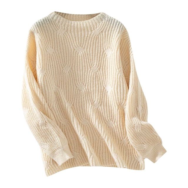 cfhntfmh Chandails pour Femmes Tricot Torsadé Couleur Unie Pull Col Rond Manches Longues Mode Automne 2024 Tenues Chaudes
