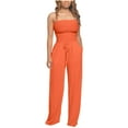 thumbnail image 2 of Tube Jumpsuits for Women Drawstring Smocked Wide Leg Rompers Overalls Solid Floor Length Outfits Pants with Pockets, 2 of 7