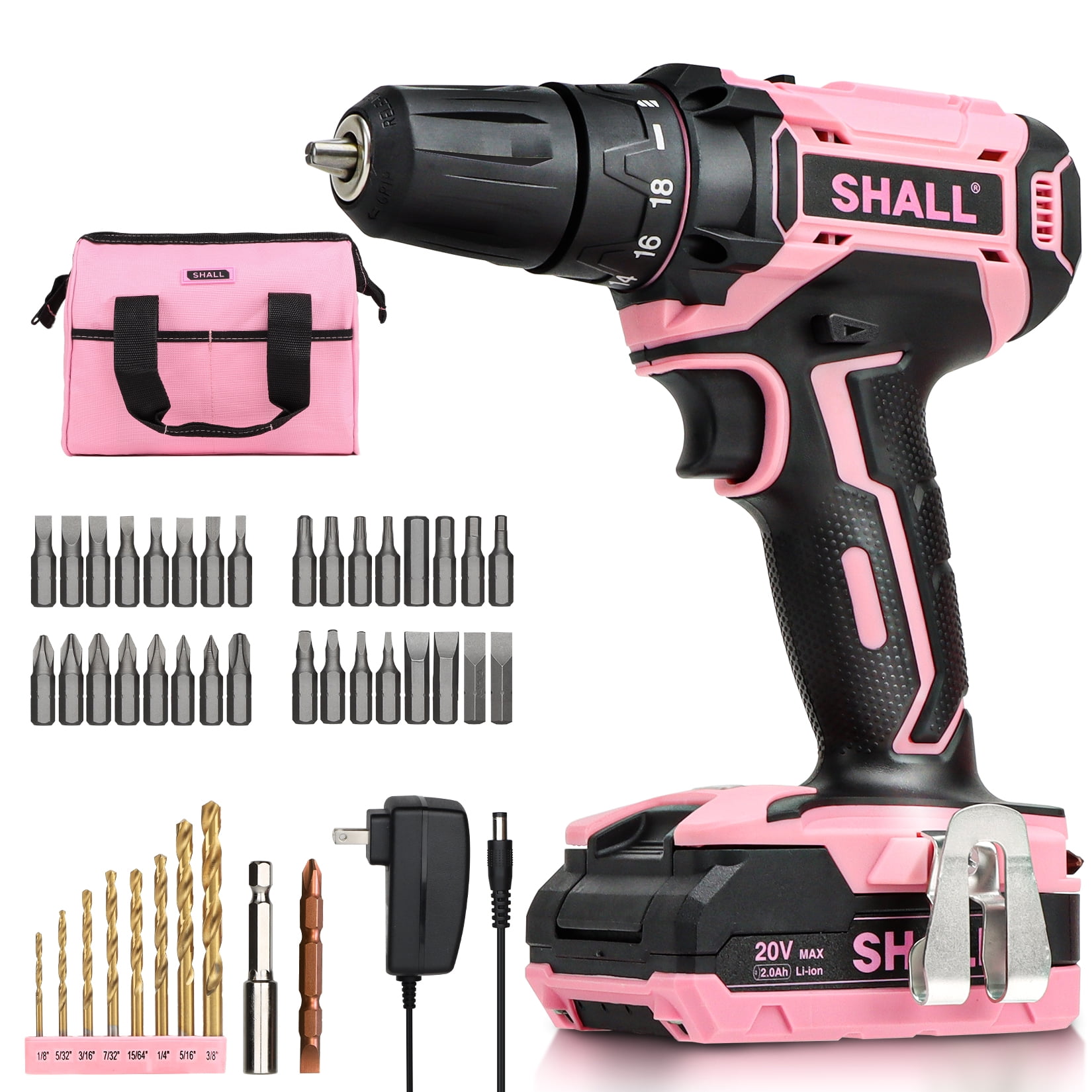 SHALL 20V Cordless Drill Set, Power Drill Cordless, Pink Electric Drill with 34pcs Drill Bit Set