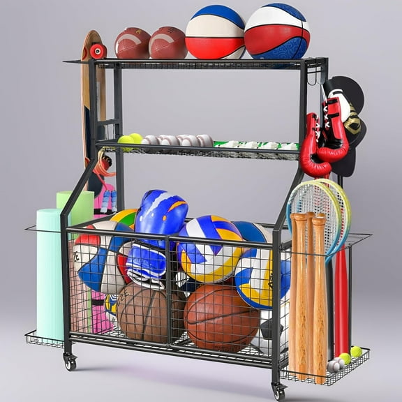 Sports Equipment Organizer for Garage, Ball Storage Rack, Heavy Duty Steel Toy Organizers with Two Wire Mesh Bins, 360°Wheels for Volleyball, basketball, Football, Gear Ball and Gym, Outdoor, Indoor