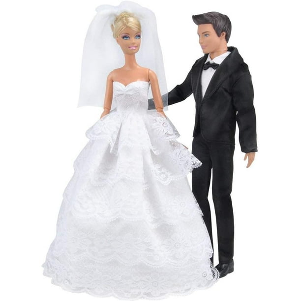 Queilt Princess Wedding Dress Evening Party White Lace Dress Embroidery Barbie Clothes For Doll With Veil Outfit Costume Set Formal Outfit For Ken B