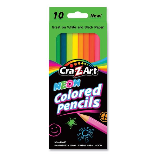 CraZArt Neon Colored Pencils, 10 Assorted Lead/Barrell Colors, 10/Set