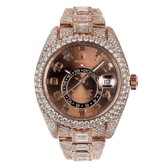 Pre-Owned Rolex Sky-Dweller 42MM 326935 Chocolate Arabic Dial Diamond Bezel 18K Rose Gold Full Diamond Oyster Bracelet 28.75ct