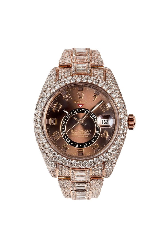 Pre-Owned Rolex Sky-Dweller 42MM 326935 Chocolate Dial Diamond Bezel 18K Rose Gold Full Diamond Oyster Bracelet 28.75ct