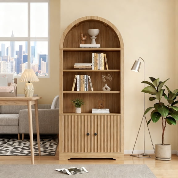 70.08" Tall Arched Bookcase, 2 Doors 6 Tiers Arch Cabinets with Storage, Mid-Century Modern Bookshelf with Adjustable Shelves, Wooden Display Cabinet for Office, Living Room, Kitchen