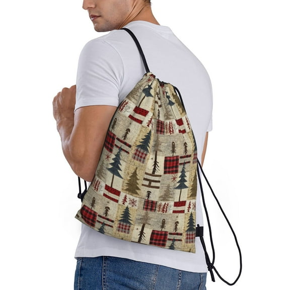 Ratiio Rustic Plaid Forest Lodge Print Drawstring Backpack Bag Sport Gym Sackpack Heavy Duty String Backpack for Men Women