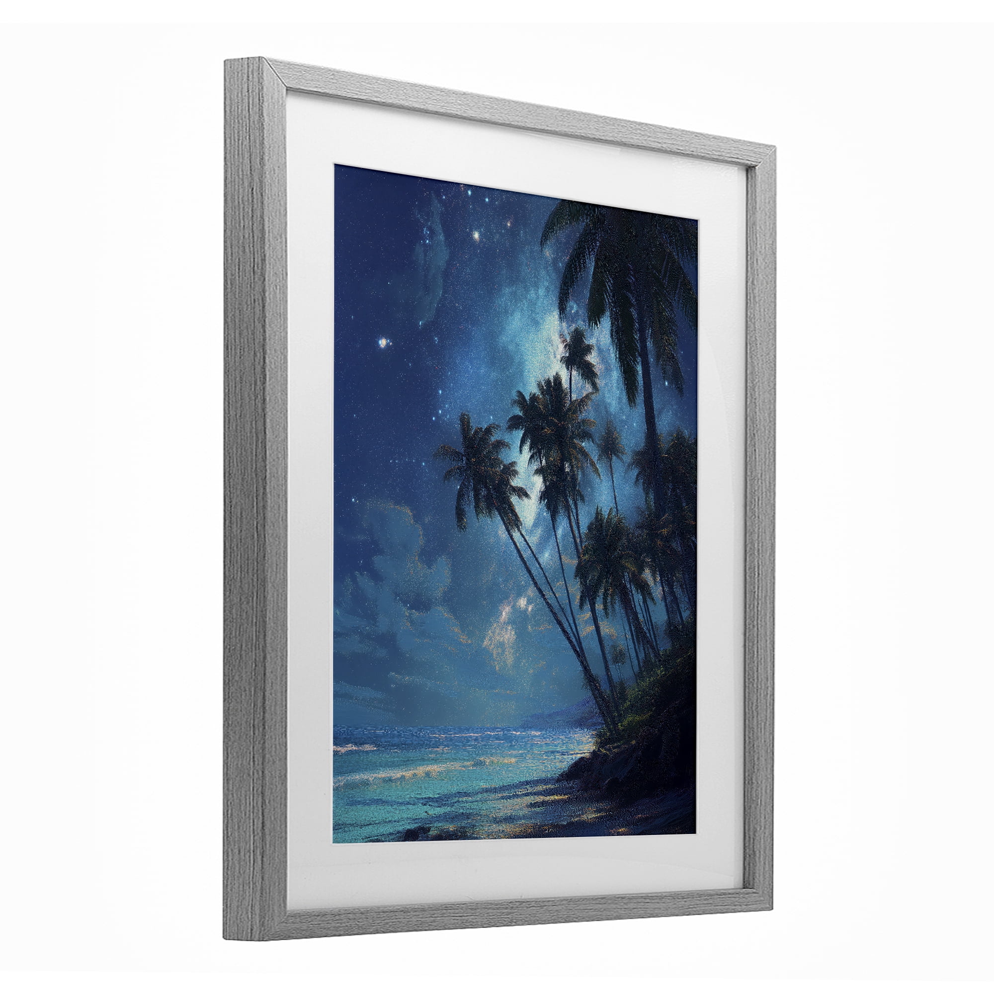 Moonlit Beach Palm Trees Gray Framed Print Under Glass, design by Ziwei Li