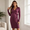 thumbnail image 6 of Gfyviroh Women's Maternity Wrap Dress Long Sleeve V-Neck Bow Tie Bodycon Dress Ribbed Knit Knee Length Pregnancy Nursing Dress for Women, 6 of 8