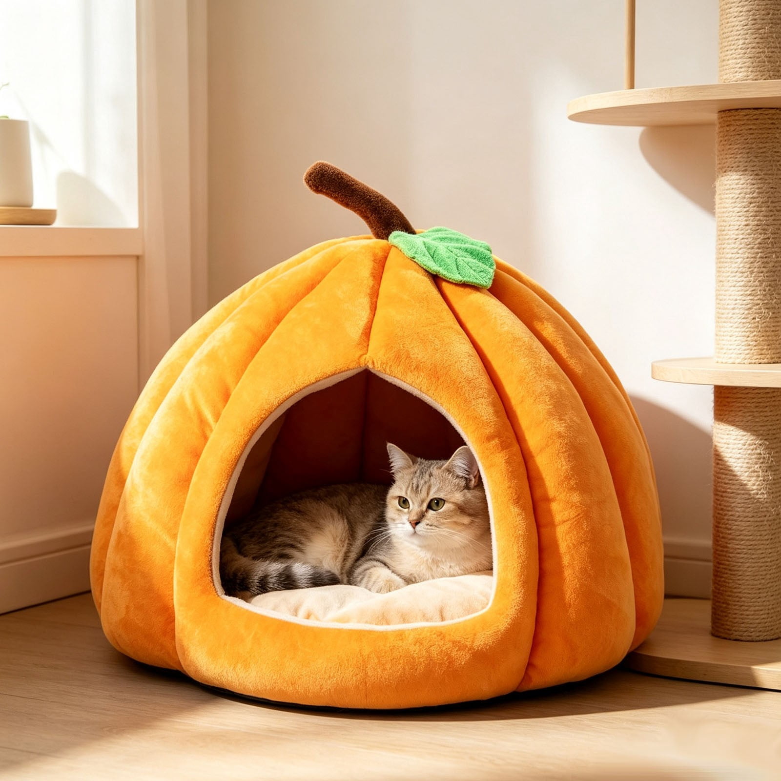 Pumpkin Shape Pet Cave Bed, Soft Enclosed Warm Sleeping for Cats Small ...