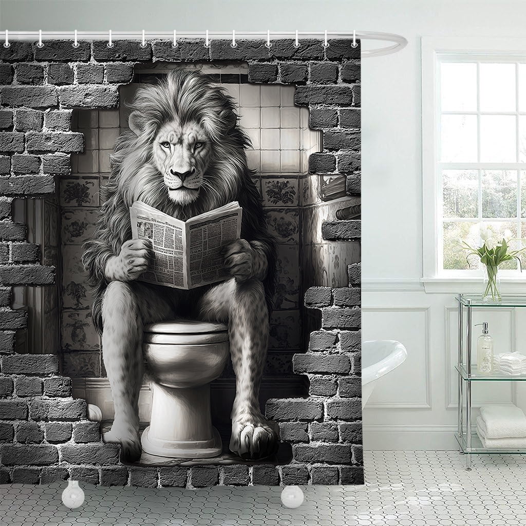 Funny Lion Bathroom Shower Curtain, Lions on Toilet Reading Newspaper Theme Bathroom Shower Curtain Set, Humor Animals Shower Curtain for Kids Adults Bathroom Decorations with Hooks, 69X84IN