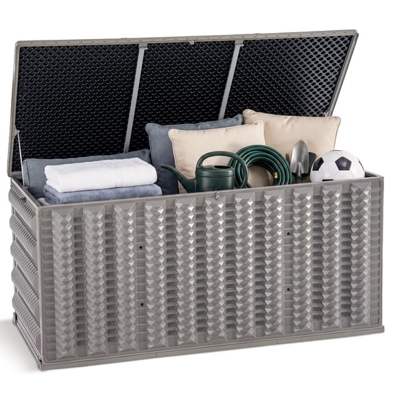 180 Gallon Resin Deck Box, Outdoor Storage Box for Patio Furniture Cushions, Garden Tools, Pool Supplies and Toys, Lockable Weather Resistant Storage Chest, Reinforced Construction, Built-in Wheels