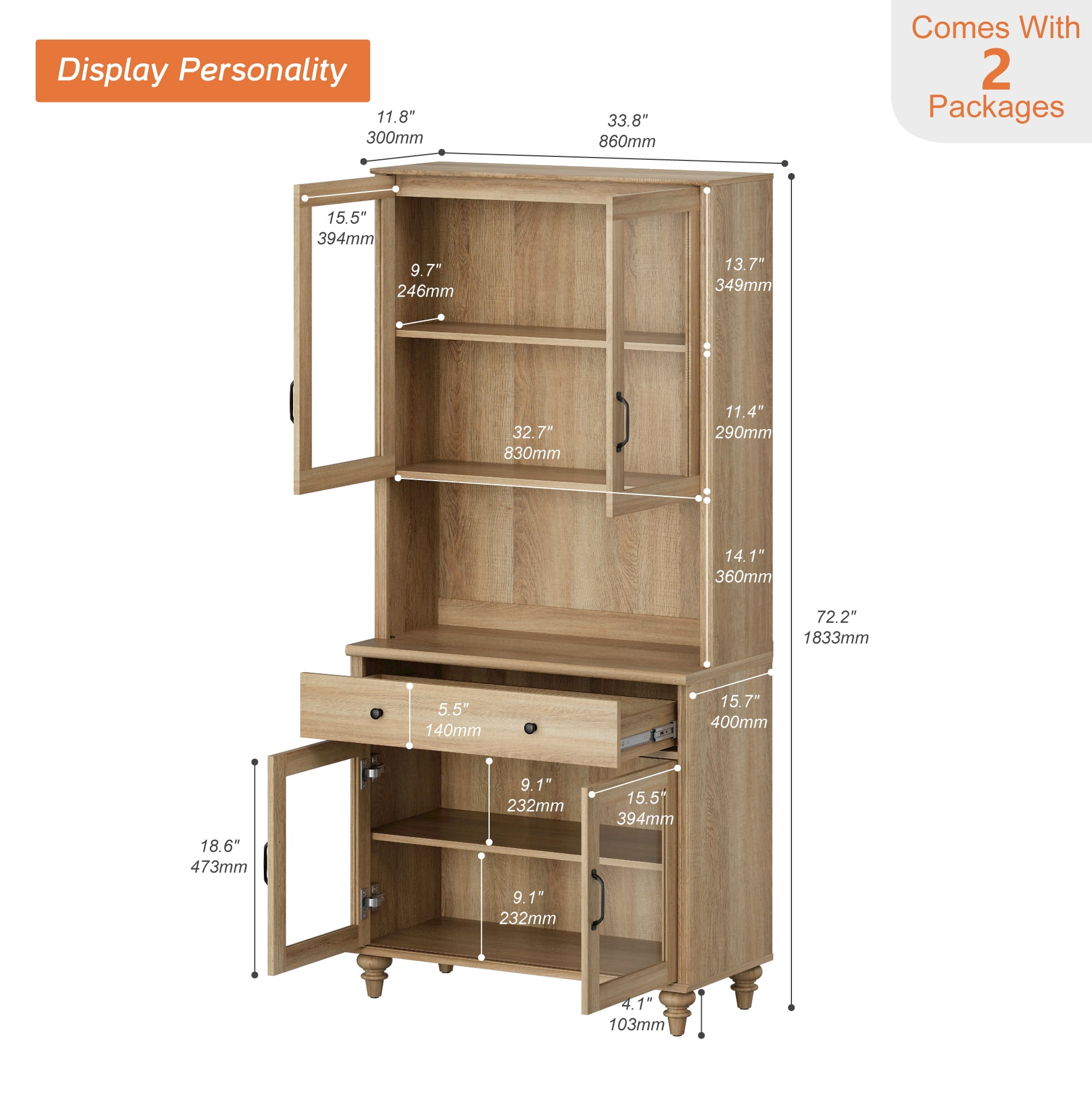 72"H X 33.9"W 5-Tier Farmhouse Display Bookcase with Glass Doors, Storage Cabinet & Wood Drawer, Wooden Bookshelf for Living Room, Office, Kitchen, Oak