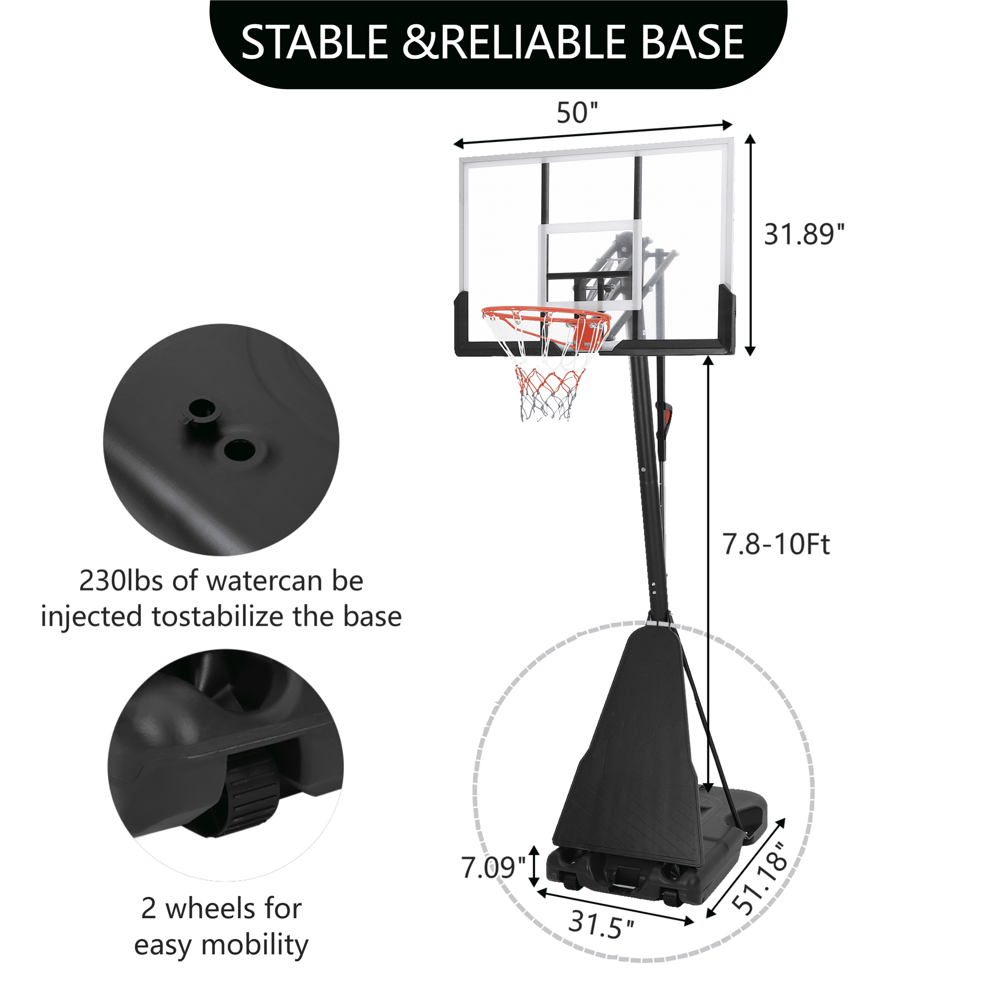 Basketball Hoop Outdoor Portable, 5-10ft Quickly Adjustable Basketball Goal System with 44 Inch PC Shatterproof Backboard & Wheels for Court/Backyard/Driveway