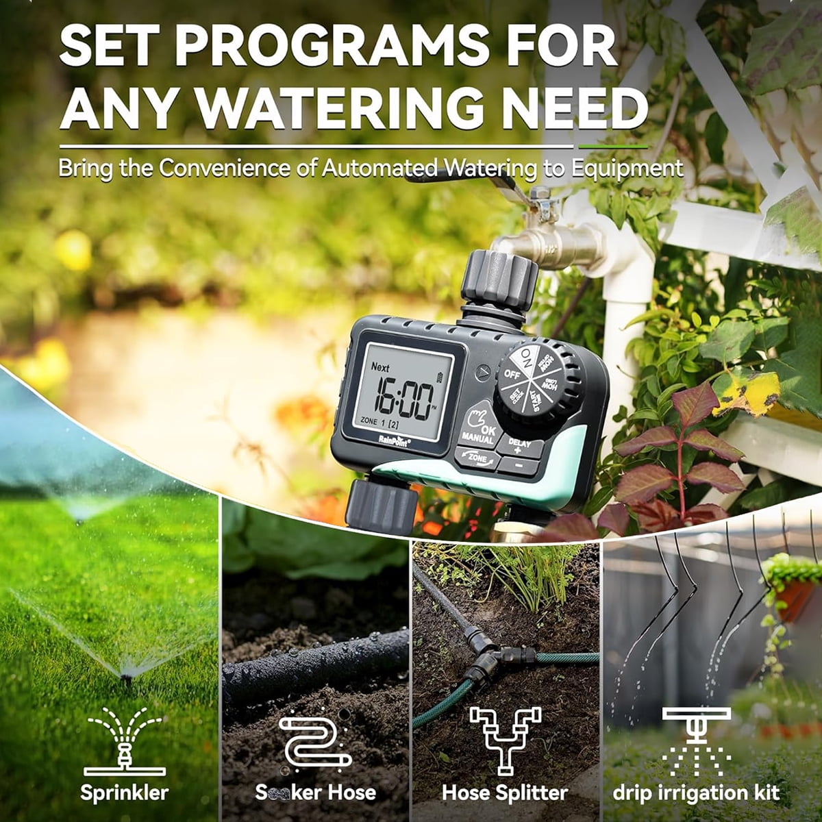 RainPoint 2-Zone Programmable Sprinkler Timer, Automatic Irrigation System Timer, IP65 Waterproof for Outdoor Garden Yard Lawn, Hose Timer ITV205
