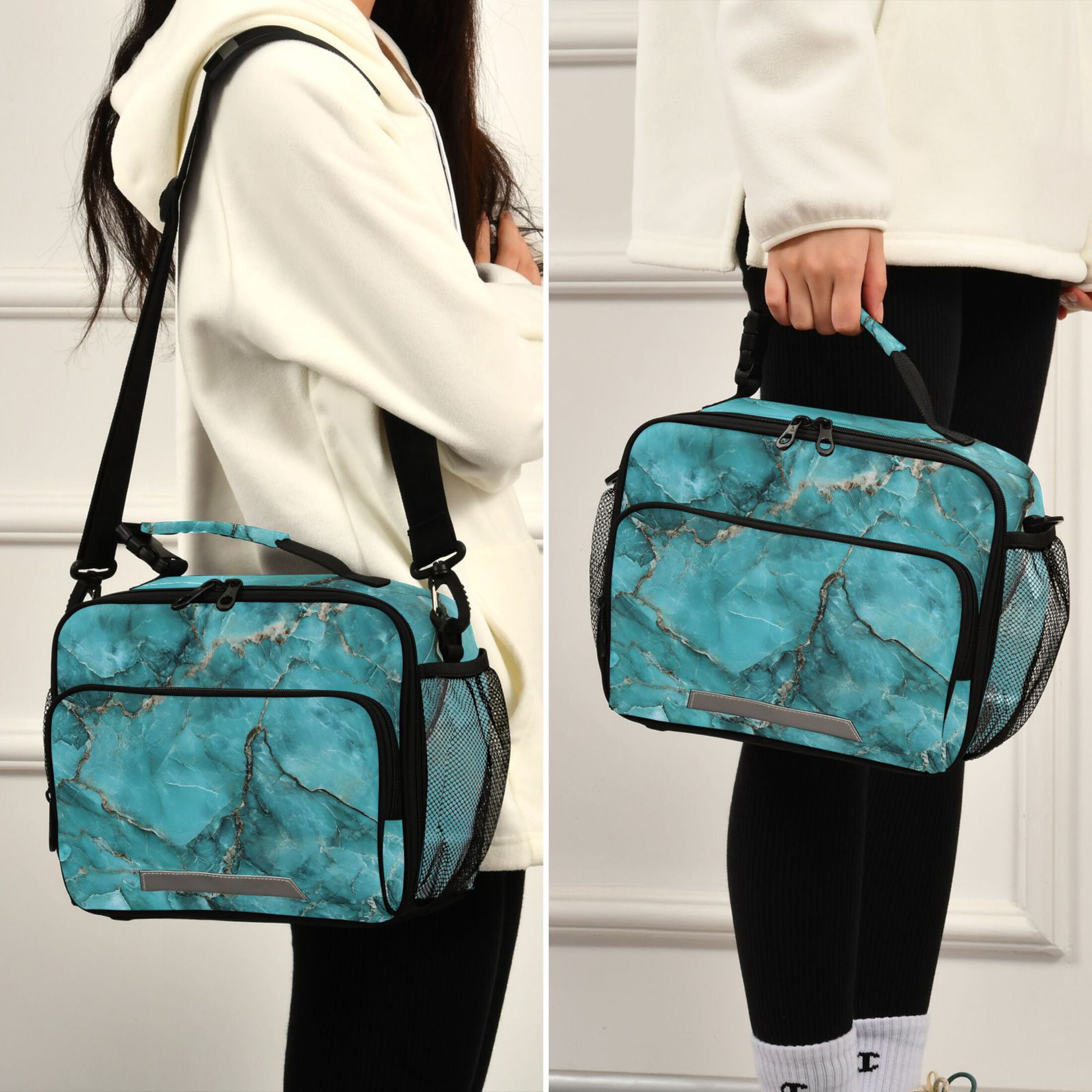 ALAZA Turquoise Marble Lunch Box Insulated Cooler Bag Reusable Tote Bags Shoulder Strap