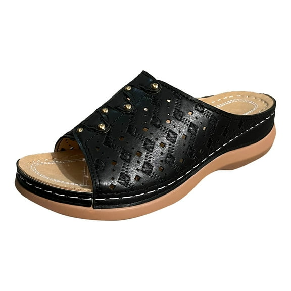 Pimfylm Leather Sandals For Women/Orthopedic Sandals for Women, Women Walking Slippers with Arch Support Anti-Slip Breathable Sandal Flip Flop Vintage Black 6