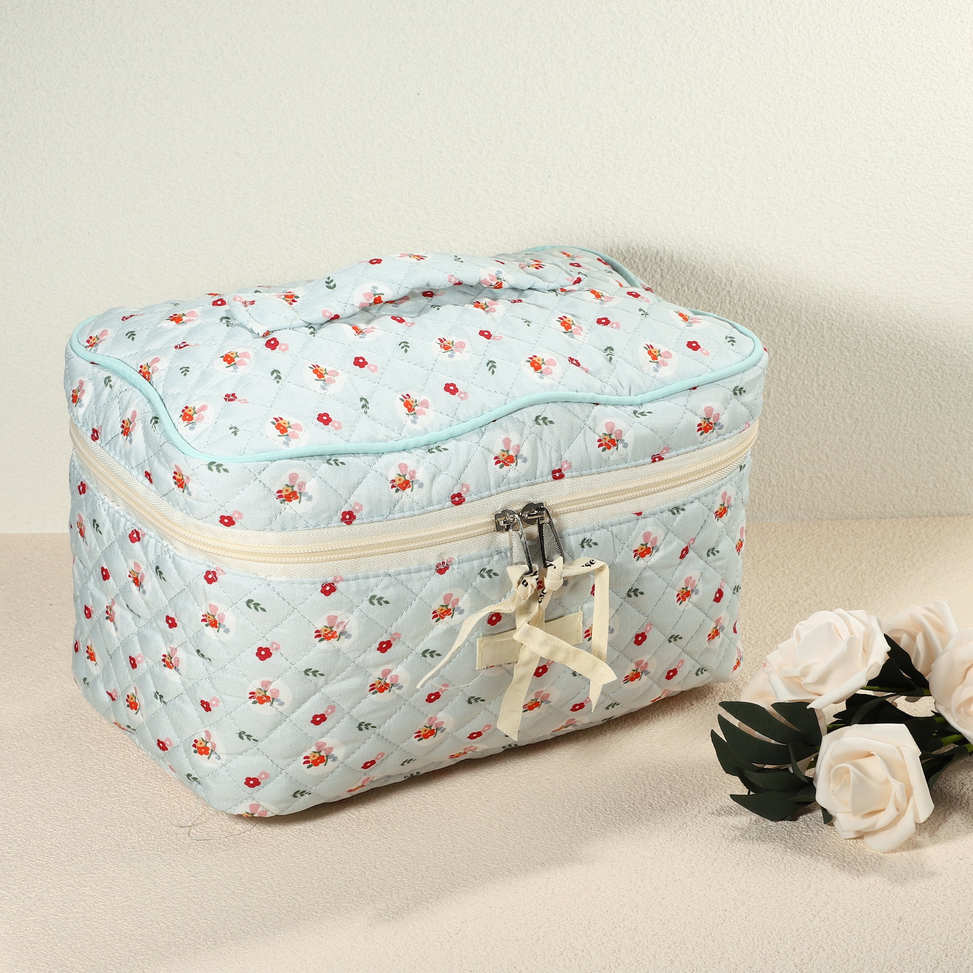 Unique Bargains Cotton Makeup Bag Large Travel Cosmetic Bag Quilted Toiletry Bag Blue