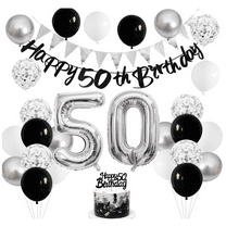 Black White Silver 50th Birthday Decorations Kit with Number 50th Balloons Happy 50th Paper Banner Triangle Flags 50 Cake Topper for Women/Men 50 Years Old Anniversary Party Bakcdrops Supplies