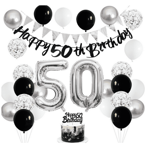 Black White Silver 50th Birthday Decorations Kit with Number 50th Balloons Happy 50th Paper Banner Triangle Flags 50 Cake Topper for Women/Men 50 Years Old Anniversary Party Bakcdrops Supplies