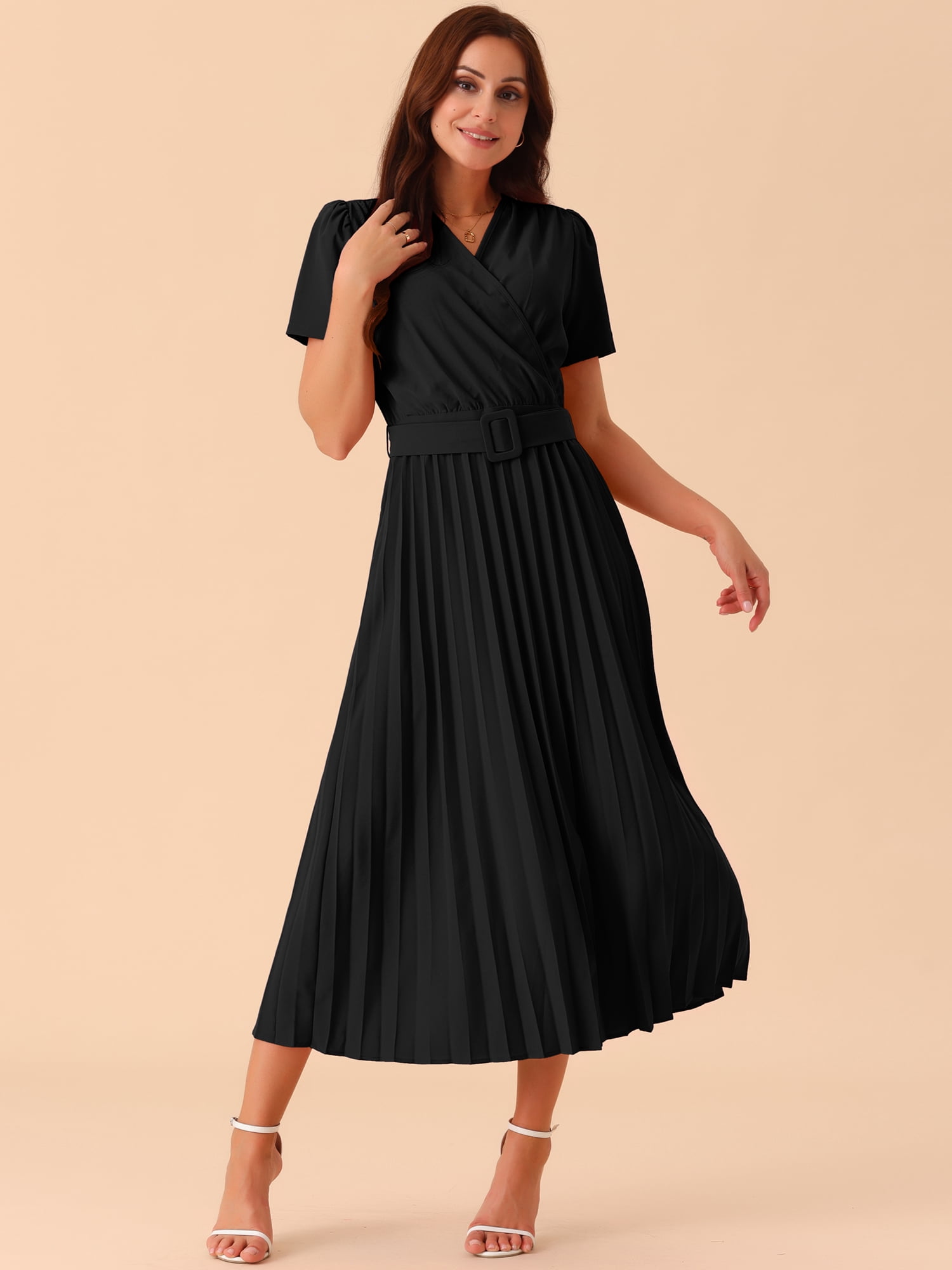 DARING DIVA Short Sleeve Wrap V Neck Flowy Pleated Midi Dress S Black