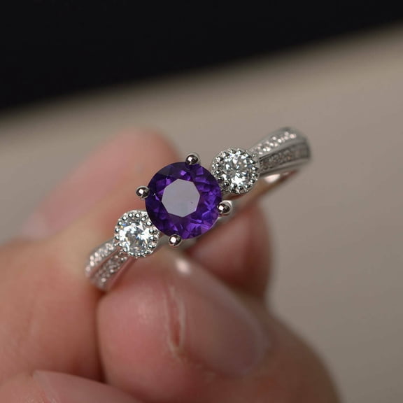 HeartsAndYou 1ct Round Cut Natural Amethyst Ring 100% 14k SOLID White Gold Moissanite Accent