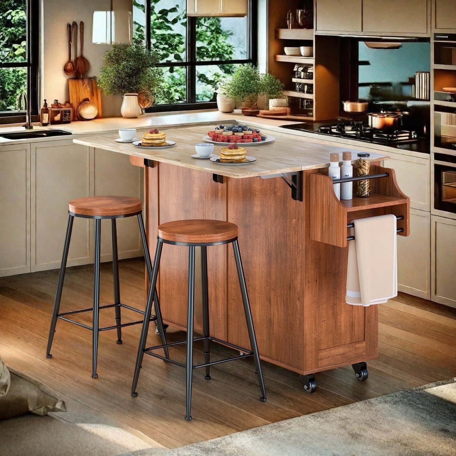 Kitchen Island  with Storage, Lofka 52" Kitchen Islands  Cart with Wood Drop Leaf and Lockable Wheels, Brown