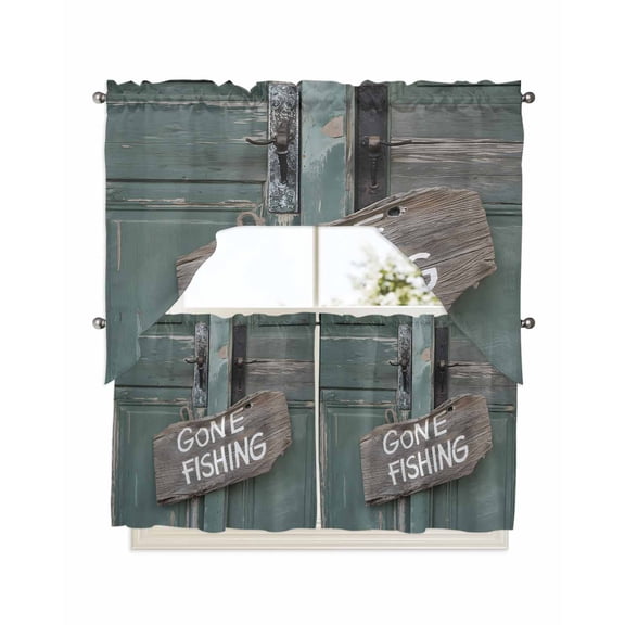 Farmhouse Door Kitchen Curtains Swag Valance and Tier Curtains Set 24 Inch Length, Vintage Abstract Country Wooden Door Rod Pocket Drape Panels Pair Swag Curtains for Bathroom/Cafe/Window