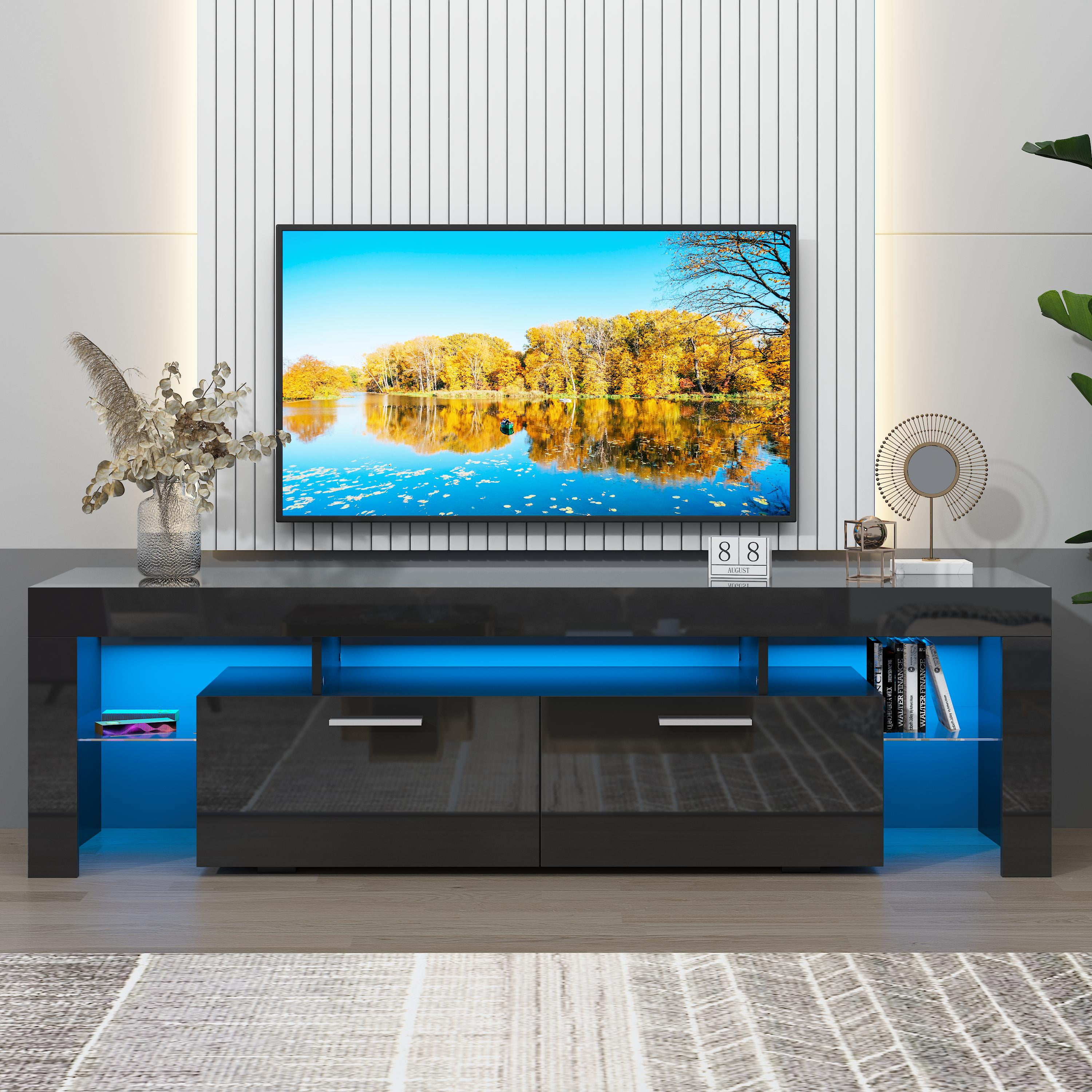 UHOMEPRO TV Stand for TV up to70'', High Gloss Entertainment Center with RGB LED Lights and Storage Shelves, Black Media Console for Living Room