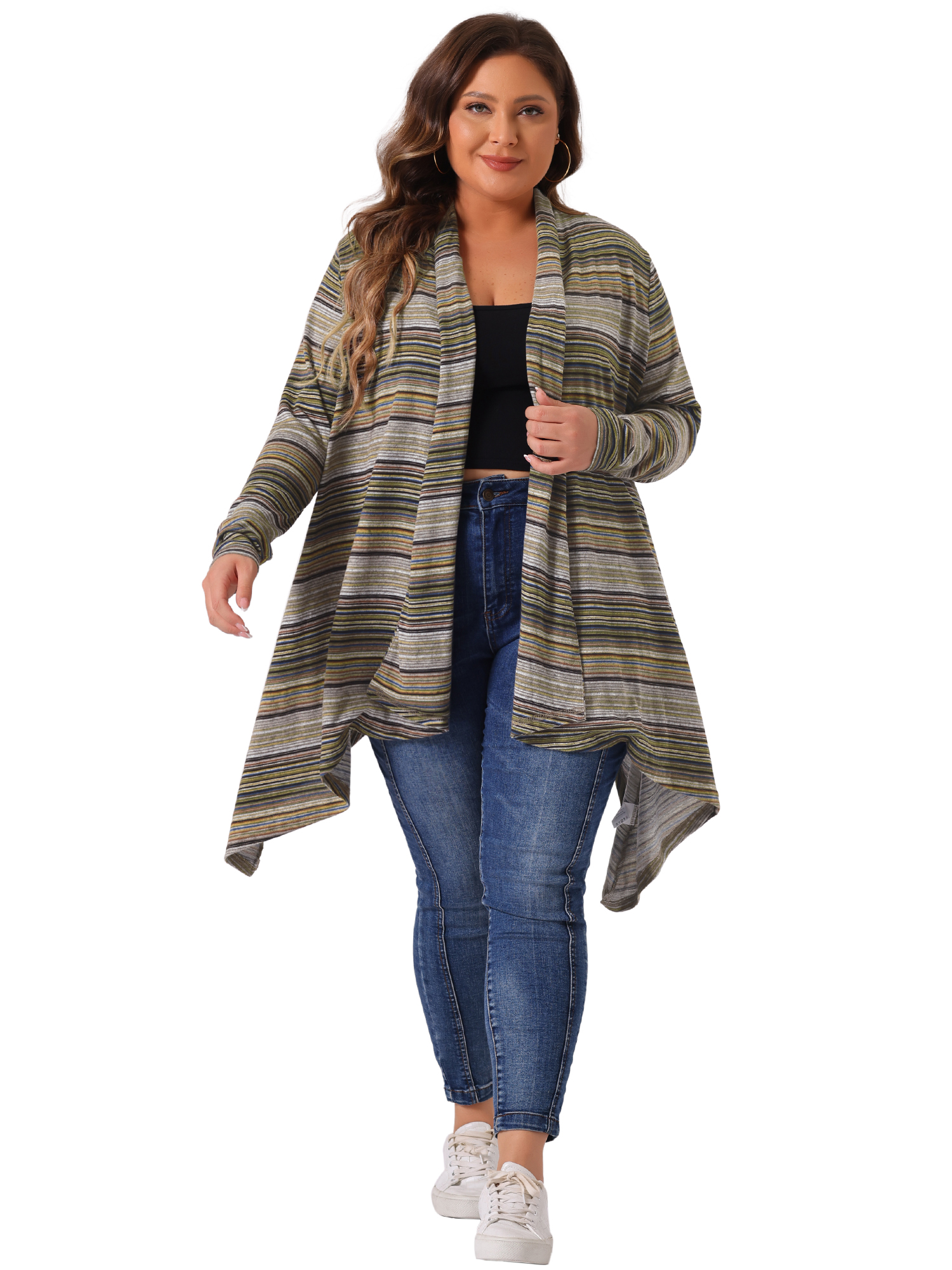 DARING DIVA Plus Size Long Sleeve Open Front Knit Stripe Cardigan 3X Green