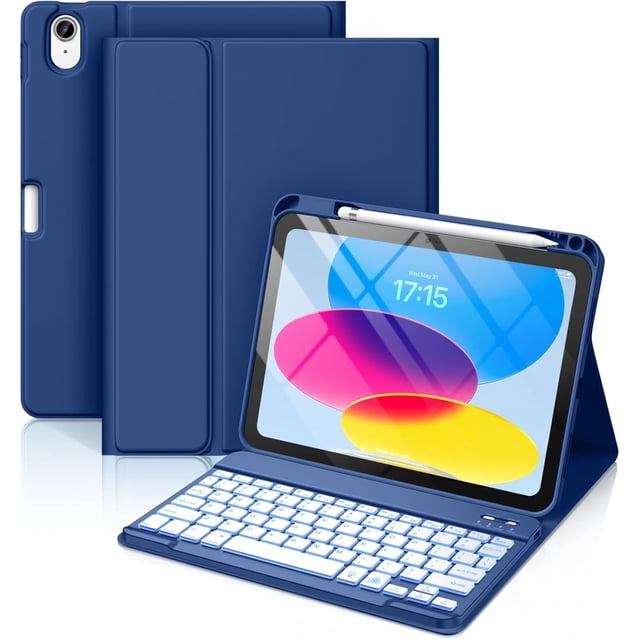Funda con Teclado para iPad 10 Generación - Teclado Inalámbrico Desmontable de 7 Colores con Soporte para Lápiz para iPad A16 de 11 Pulgadas 2025, 10ª Generación 10.9 Pulgadas 2022, Azul Marino