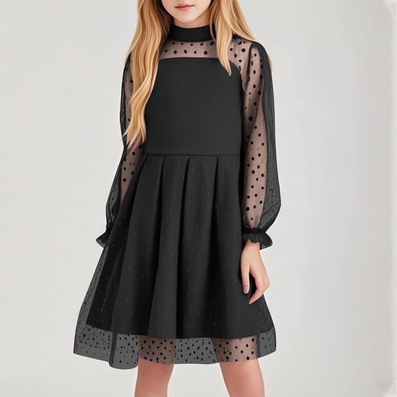 CQONEPT Girls Dresses Mesh Puff Long Sleeve Mock Neck Casual Party A Line Short Trendy Dress for Kids Black 13 Years