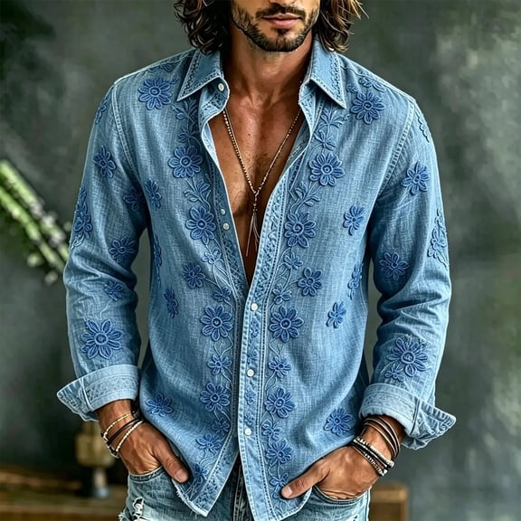 Fsmtpdam Mens Beach Shirts Hawaiian Long Sleeve Button Down Collared Floral Print Tops Hippie 60s 70s Vintage Boho Shirt