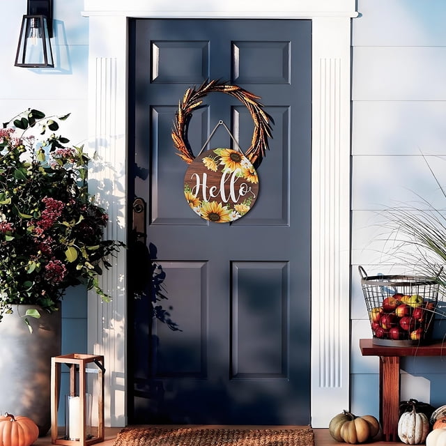 Placa de puerta de madera con forma de girasol para colgar, decoración floral para puerta de entrada, arte de pared para entrada de casa, decoración de camino de jardín, estilo rústico de