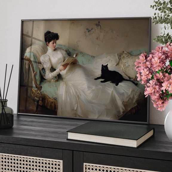 Victorian Lady Reading Black Cat Wall Art, Elegant Vintage Decor, Unframed Paper Print Size 8x12