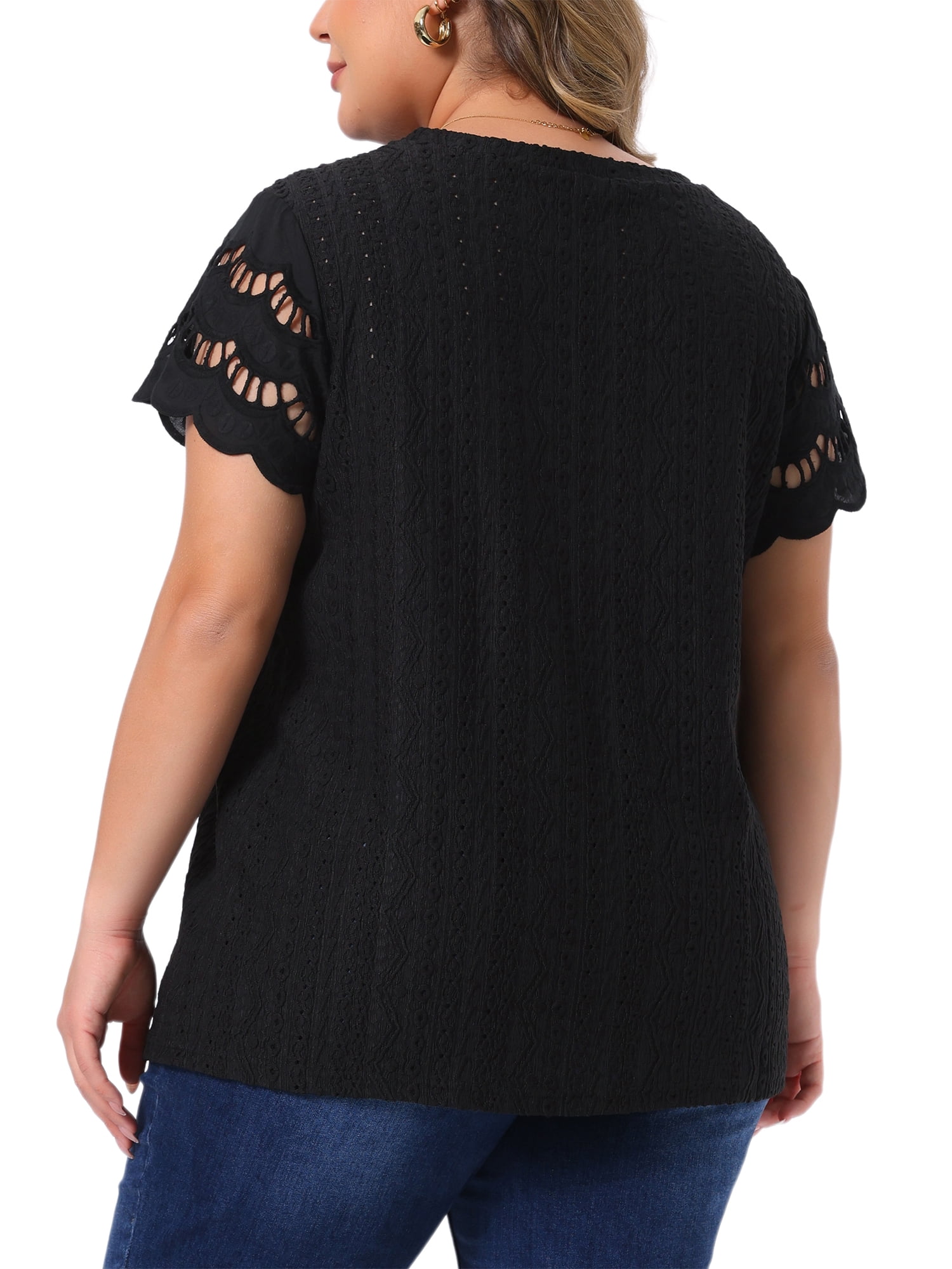 DARING DIVA Women's Plus Casual Lace Panel Hollow Dressy Eyelet Blouses 3X Black
