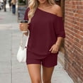 thumbnail image 2 of ZToonmas Women's 2 Piece Outfits Off Shoulder Oversized Top and Shorts Set Solid Color Summer Loungewear for Beach Vacation, 2 of 9