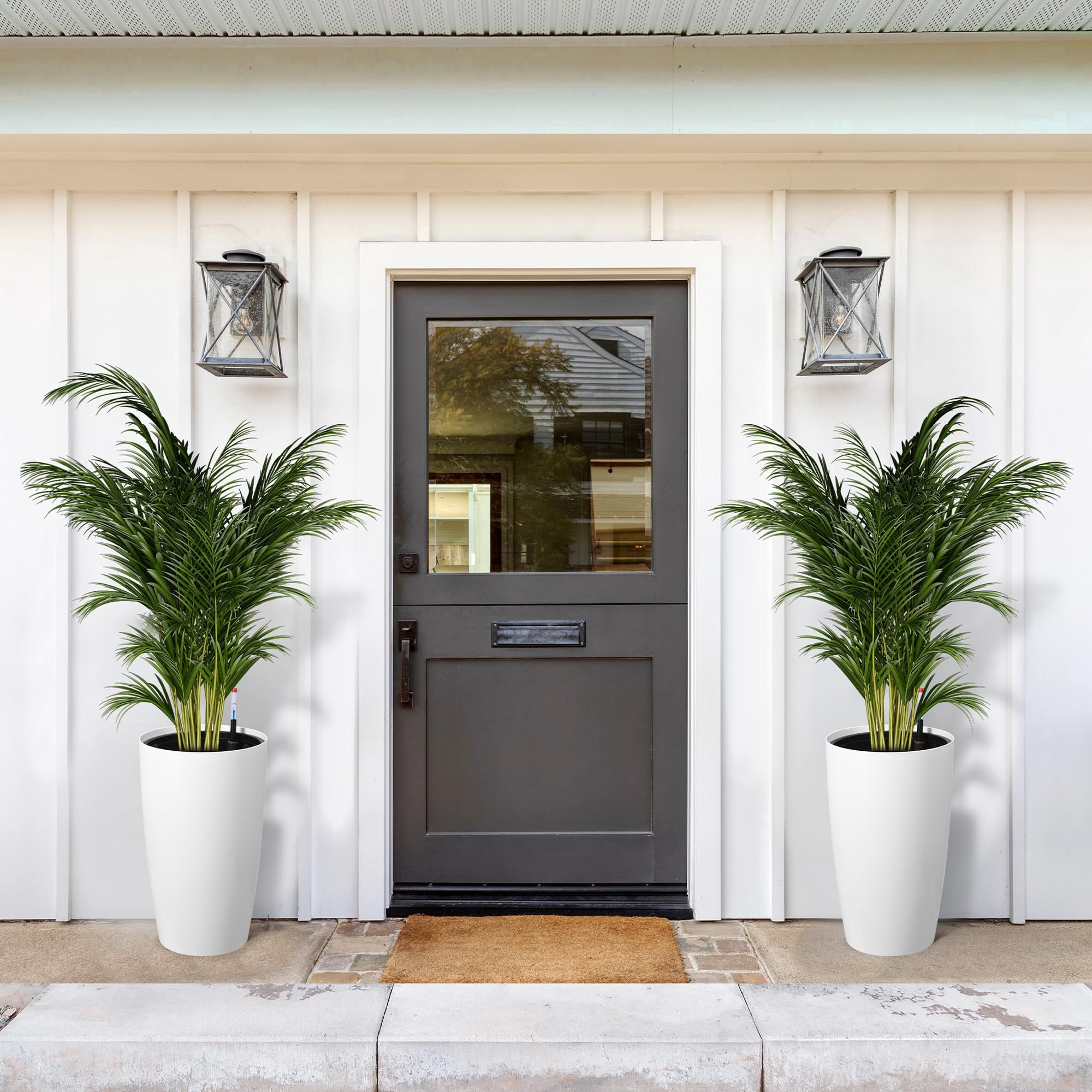 Memoryfield 22" Tall Self-Watering Planter Set 2, Large Plastic Flower Pots with Water Level Gauge, Drainage & Built-in Handle for Indoor Outdoor, White