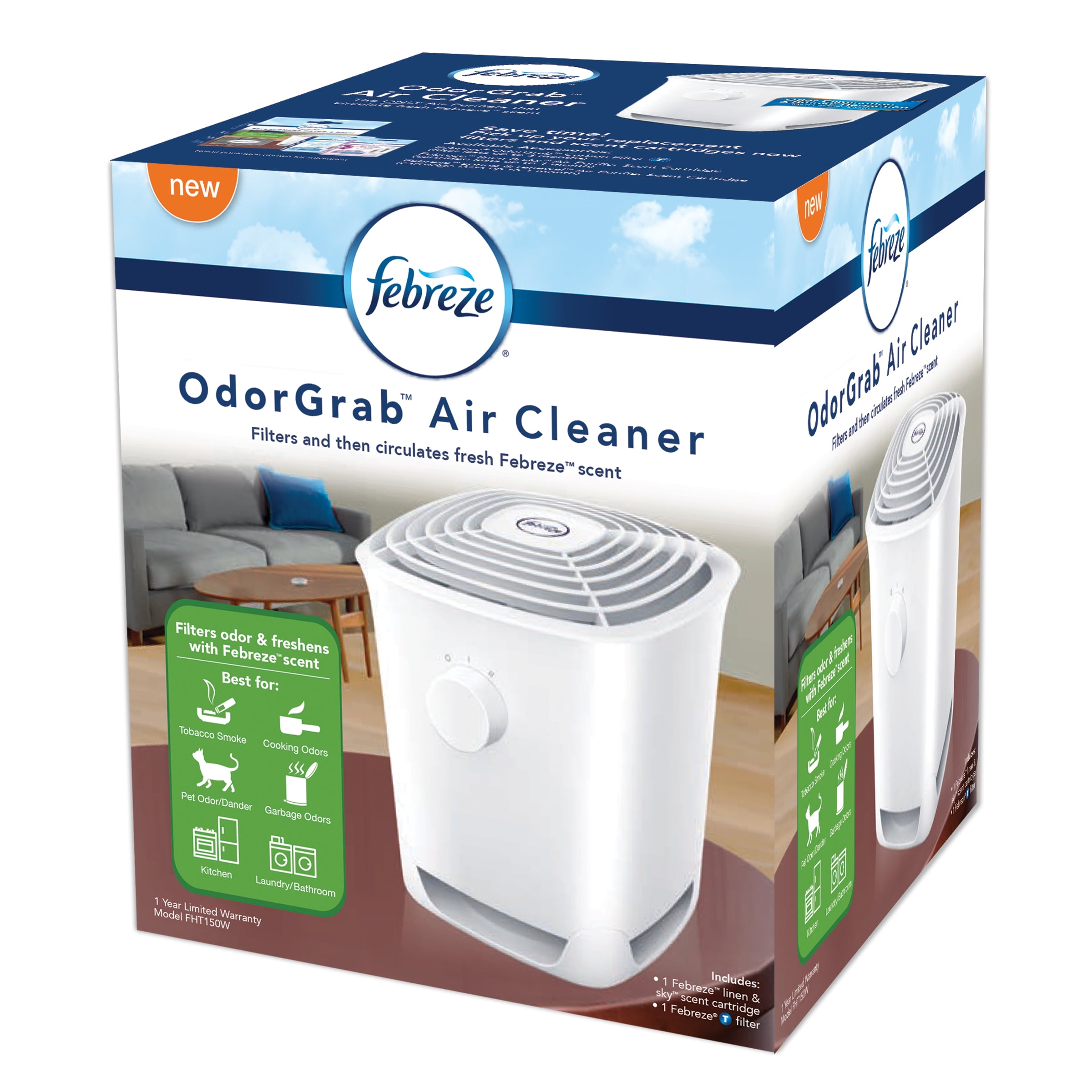 Febreze 800 sq ft OdorGrab Portable Air Cleaner Odor Reducer with Carbon infused Filter FHT150W White