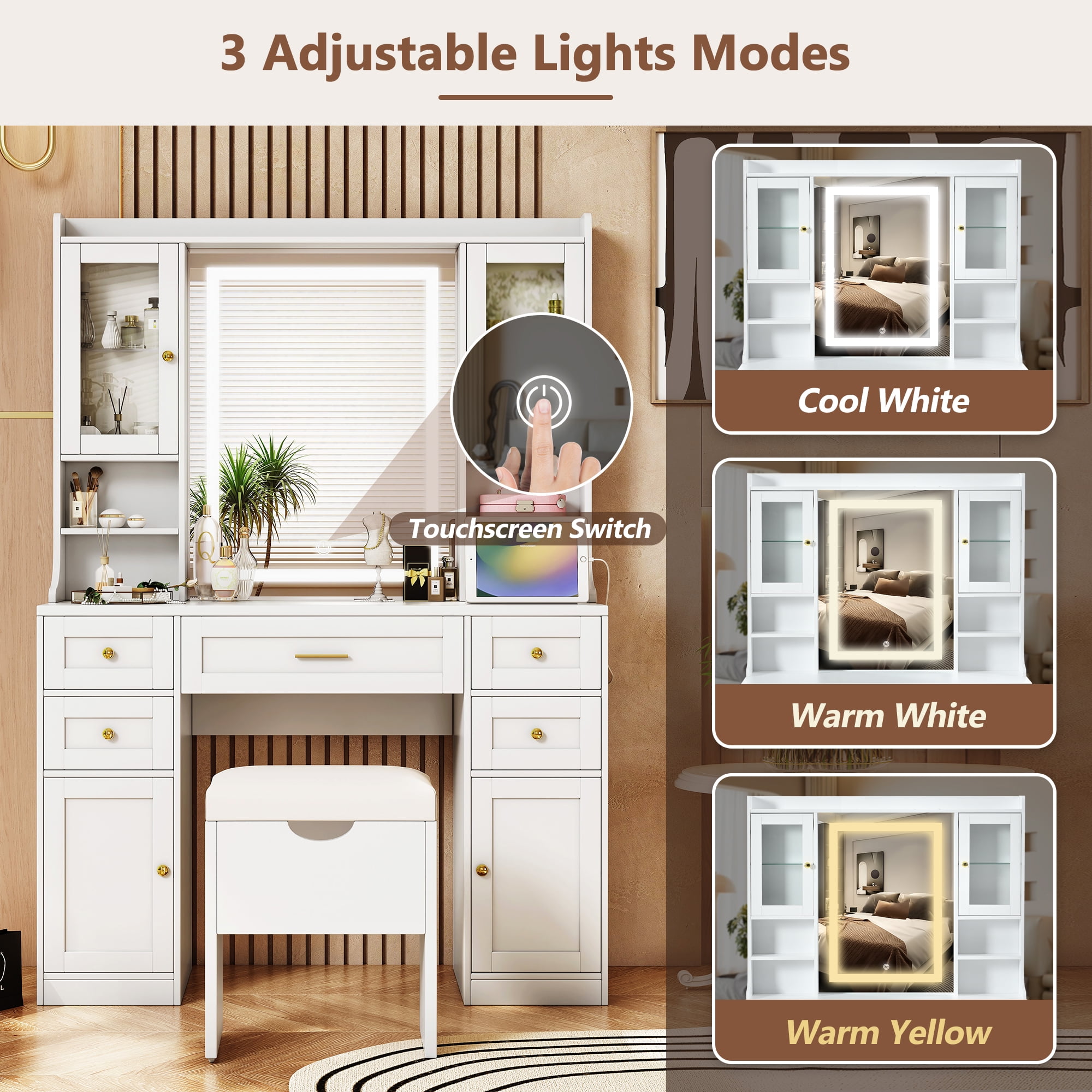 Euroco White Makeup Vanity with Lighted Mirror, 5 Drawers, 2 Cabinets and Charging Station, Vintage Style Dresser for Bedroom