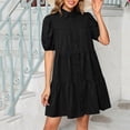 thumbnail image 4 of Ayolanni Babydoll Dresses for Women 2026 Solid Ruffle Short Puff Sleeve Collared Midi Shirt Dress Casual Holiday Beach Sundress Black L, 4 of 6