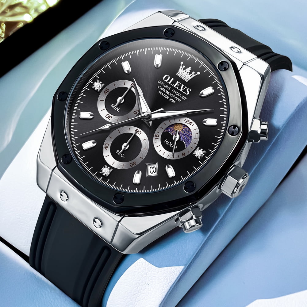 OLEVS Watches for Men Chronograph Waterproof Luxury Dress Quartz Silicon Strap Multifunction Moon Phase Business Calendar Luminous Men Wrist Watches Reloj Para Hombre Gray/Black/White