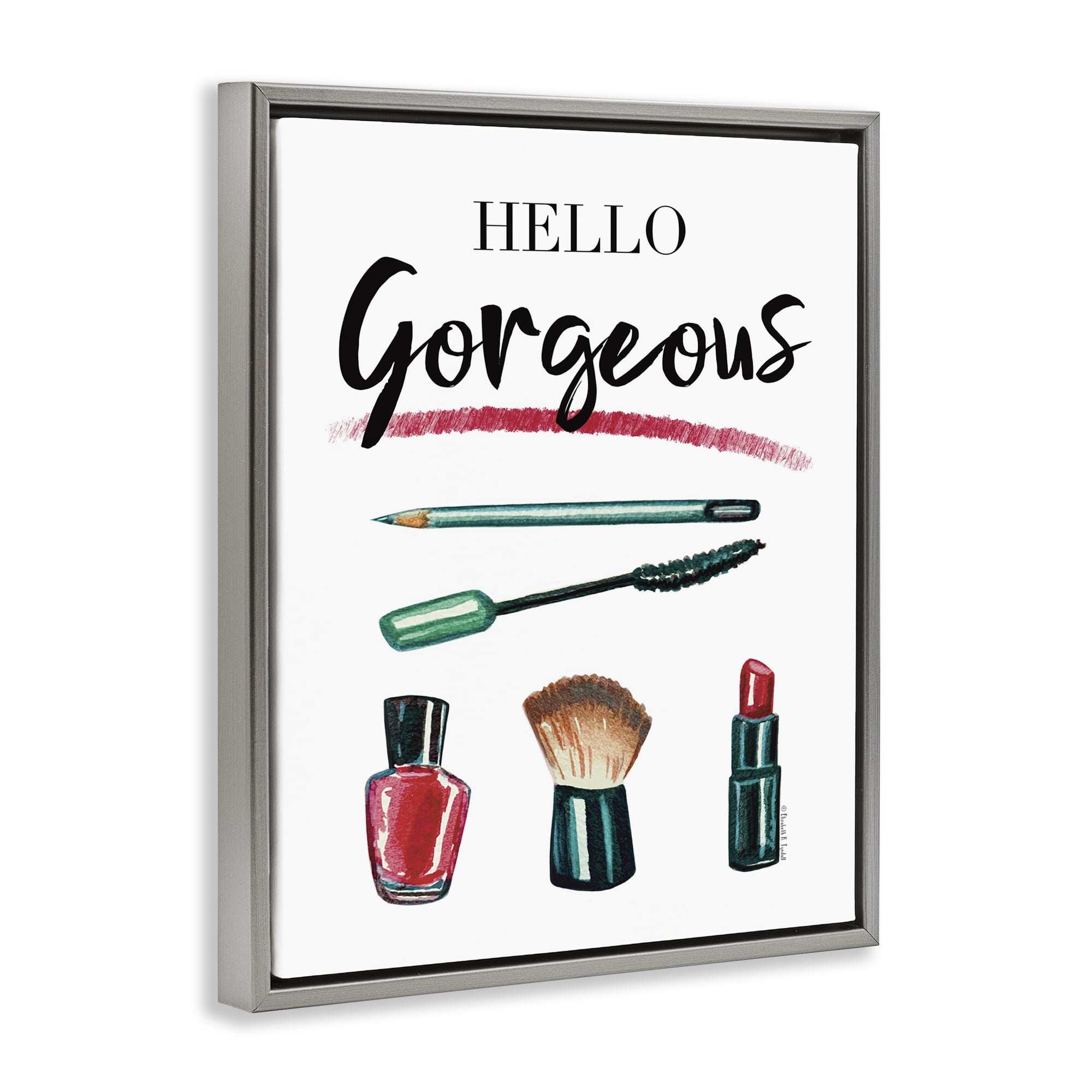 Stupell Industries Hello Gorgeous with Makeup Beauty & Fashion Painting Gray Floater Framed Art Print Wall Art, 17 x 21