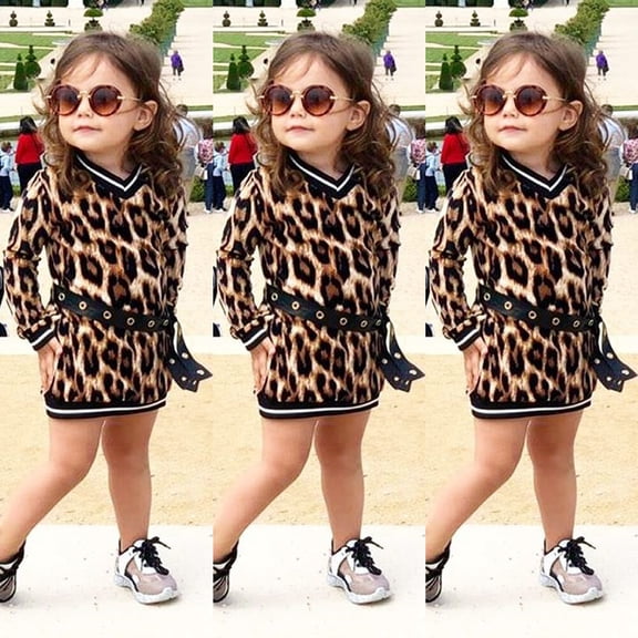 2Pcs Toddler Kids Baby Girl Leopard Outfit Clothes V-neck Sweater Dress Belt Set